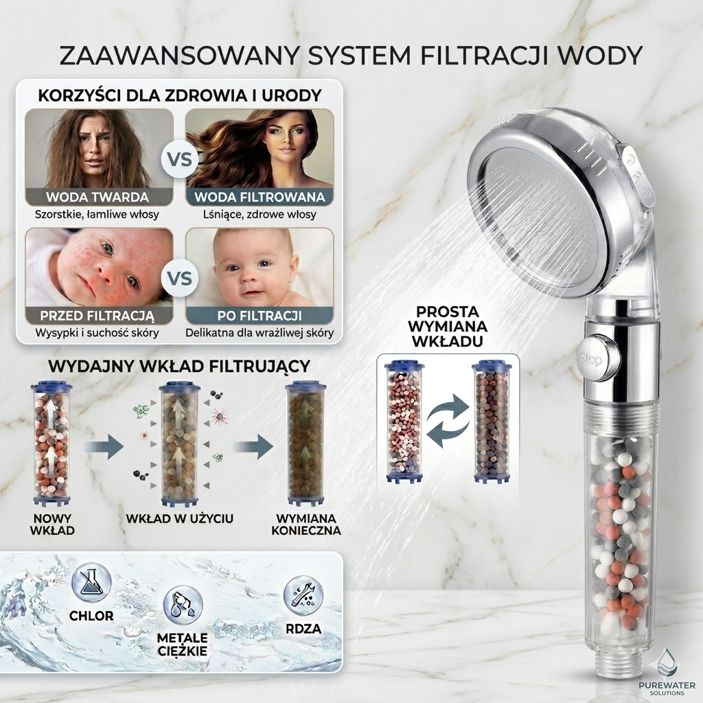 AuraWater - Głowica prysznicowa z filtracją kulkami mineralnymi