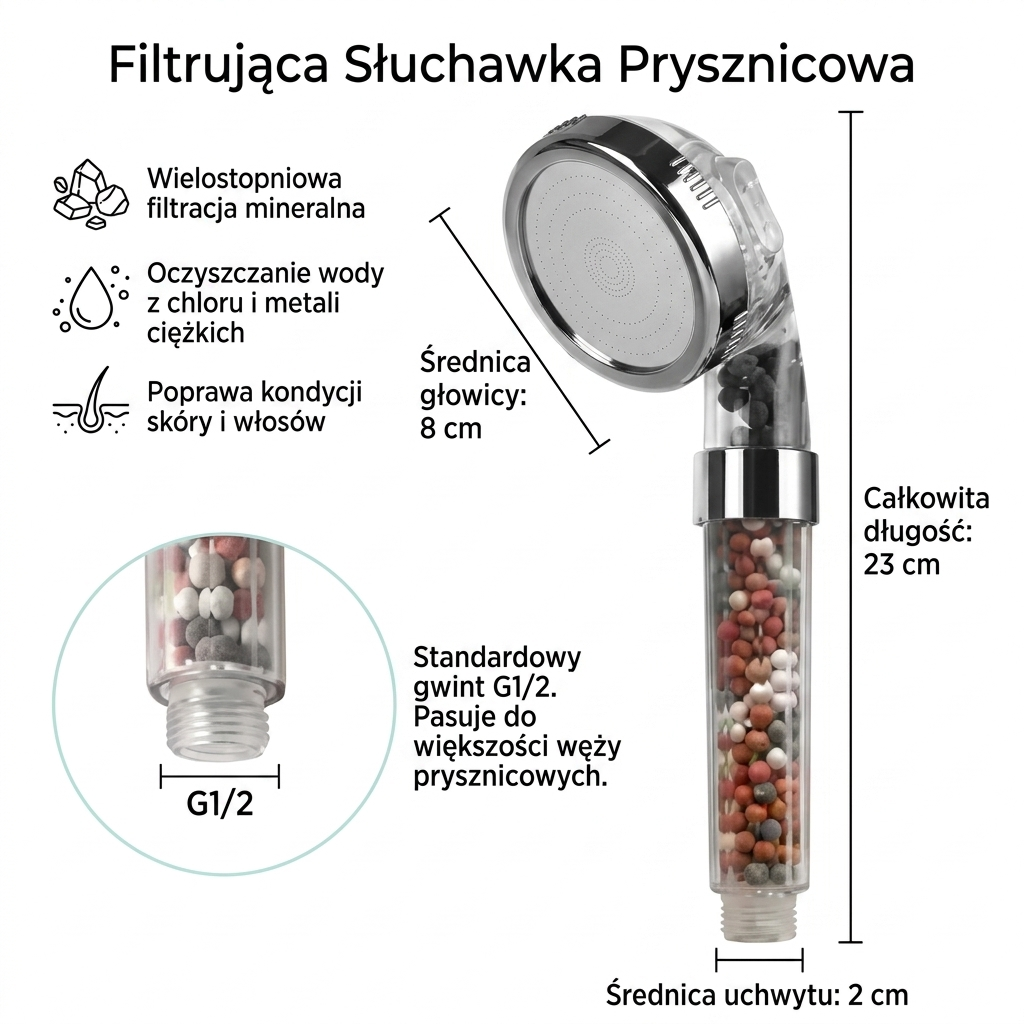AuraWater - Głowica prysznicowa z filtracją kulkami mineralnymi