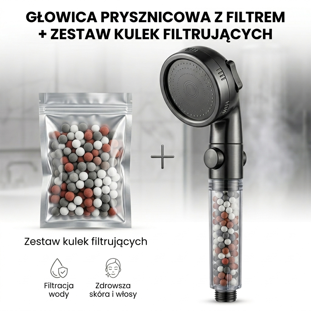 AuraWater - Głowica prysznicowa z filtracją kulkami mineralnymi