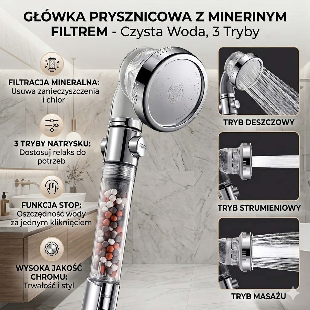AuraWater - Głowica prysznicowa z filtracją kulkami mineralnymi
